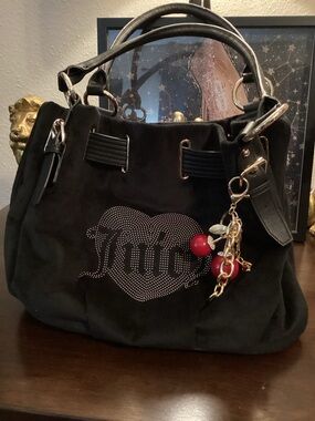 NWOT Juicy Couture Black Studded Heart Logo Satchel with Red Cherry Charm